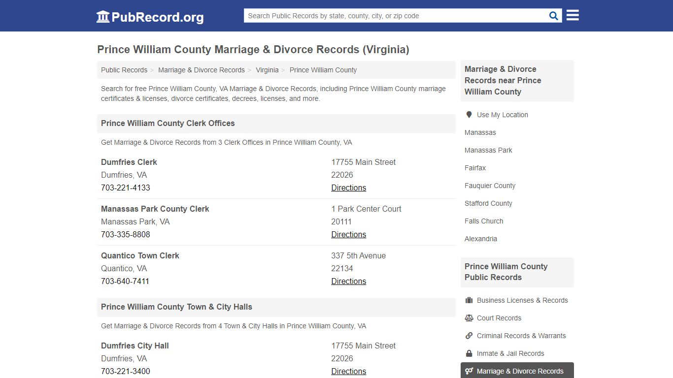 Prince William County Marriage & Divorce Records (Virginia)