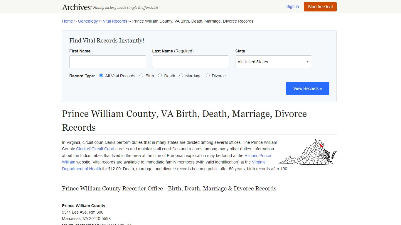 Prince William County, VA Birth, Death, Marriage, Divorce Records